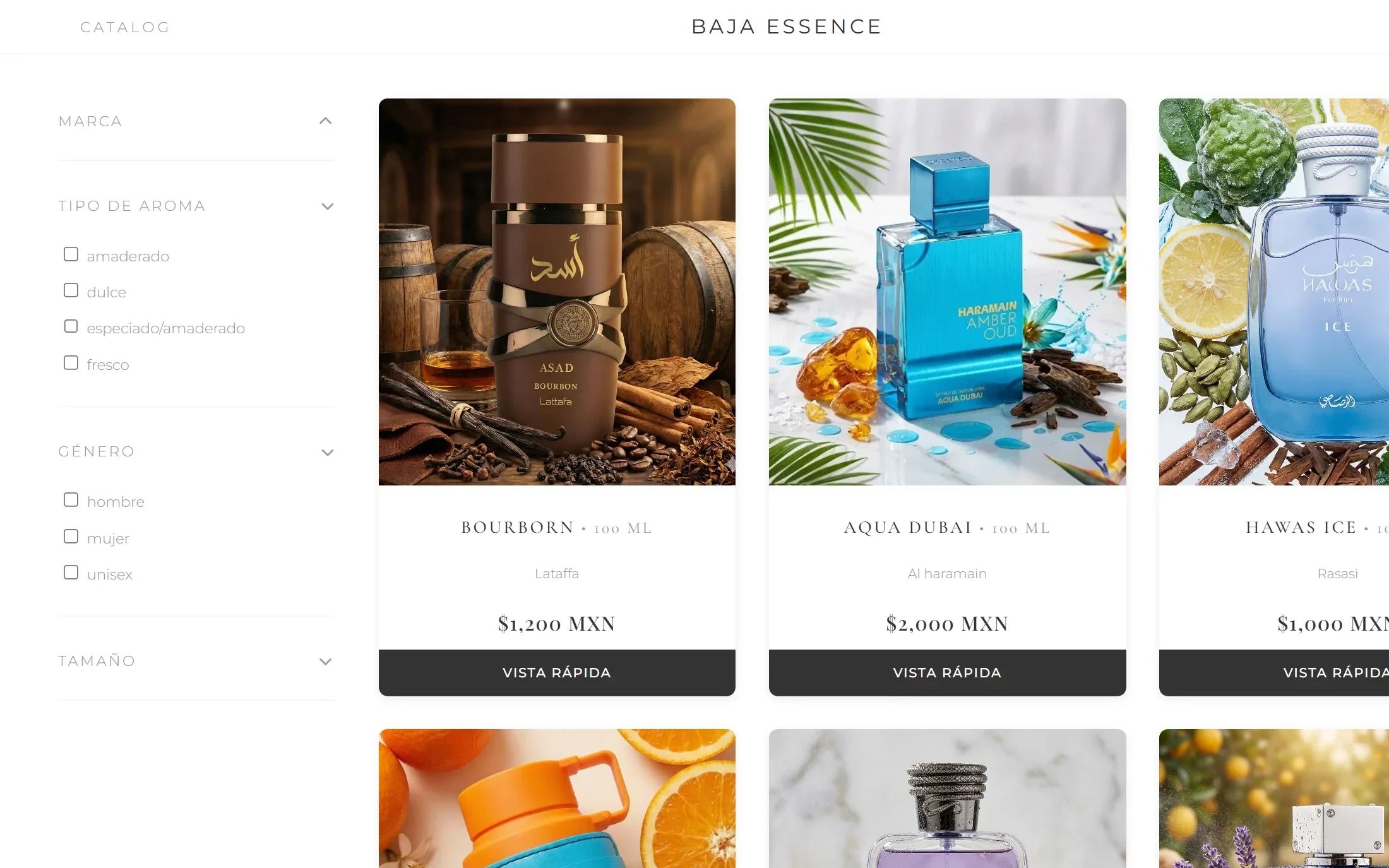 Catálogo de Baja Essence: filtros y perfumes premium